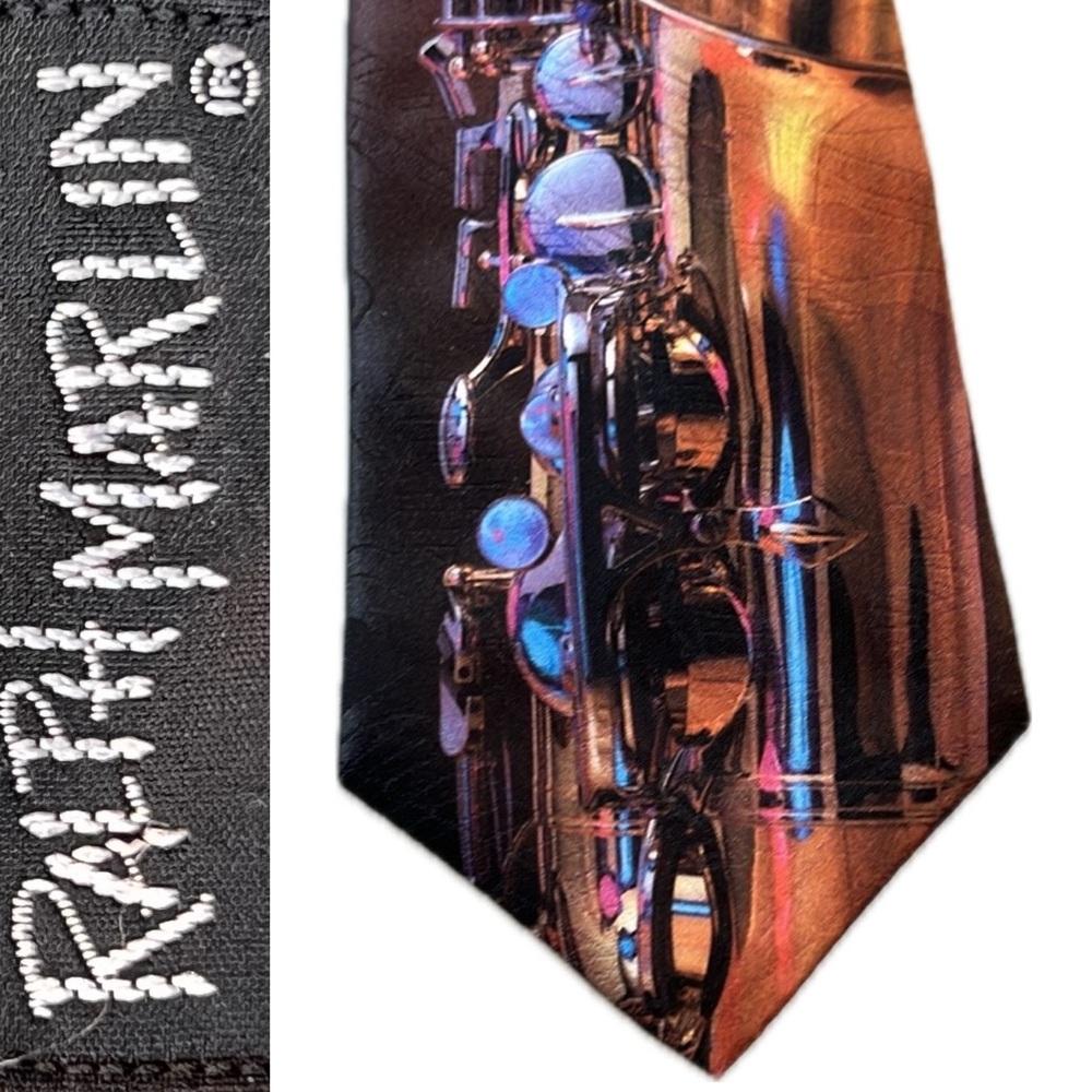 🎷 56”L Saxophone Print 1994 Vintage Tie | Ralph Marlin | Height Less Than 5’10”
